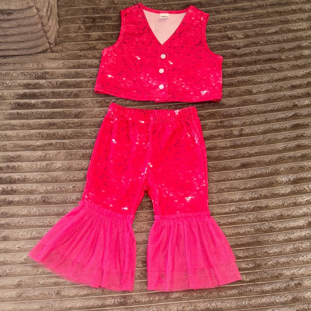 SHEIN 9–12M Hot Pink Mermaid Two-Piece Set ✨ Tulle Ruffles Baby Outfit Cute
